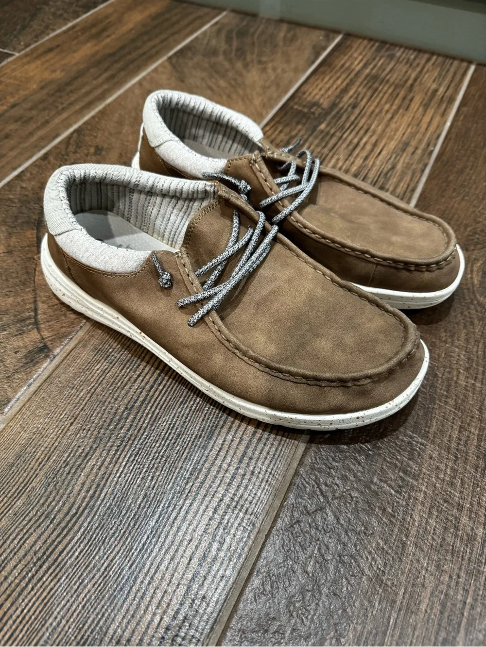 Hey Dude Brown and White Casual Moc Toe Boat Shoes